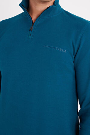 Erkek Slim Fit Dar Kesim Pamuklu Yarım Fermuarlı Dik Yaka Petrol Sweatshirt