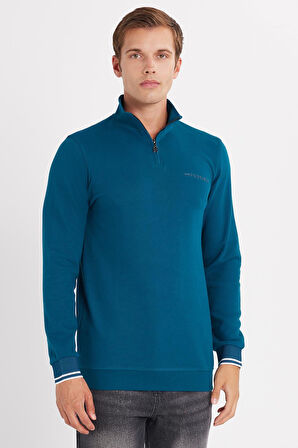 Erkek Slim Fit Dar Kesim Pamuklu Yarım Fermuarlı Dik Yaka Petrol Sweatshirt