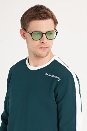 Erkek Standart Fit Pamuklu Jakarlı Bisiklet Yaka Baskılı Yeşil Sweatshirt