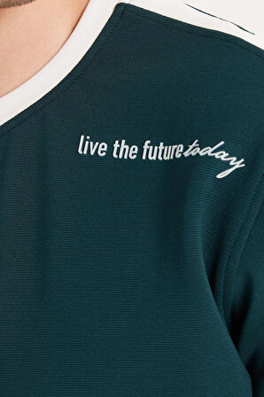 Erkek Standart Fit Pamuklu Jakarlı Bisiklet Yaka Baskılı Yeşil Sweatshirt