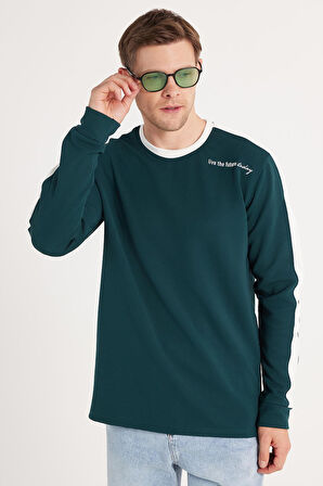 Erkek Standart Fit Pamuklu Jakarlı Bisiklet Yaka Baskılı Yeşil Sweatshirt