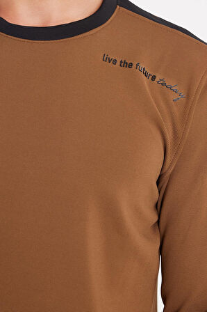 Erkek Standart Fit Pamuklu Jakarlı Bisiklet Yaka Baskılı Kahverengi Sweatshirt