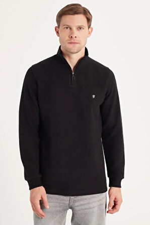 Erkek Slim Fit Dar Kesim Pamuklu Selanik Kumaş Yarım Fermuarlı Siyah Dik Yaka Sweatshirt