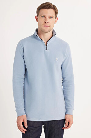 Erkek Slim Fit Dar Kesim Pamuklu Selanik Kumaş Yarım Fermuarlı Mavi Dik Yaka Sweatshirt