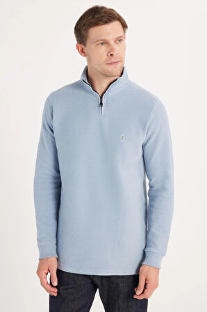 Erkek Slim Fit Dar Kesim Pamuklu Selanik Kumaş Yarım Fermuarlı Mavi Dik Yaka Sweatshirt
