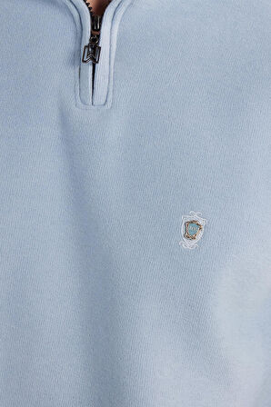 Erkek Slim Fit Dar Kesim Pamuklu Selanik Kumaş Yarım Fermuarlı Mavi Dik Yaka Sweatshirt