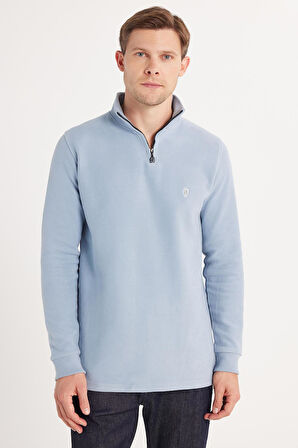 Erkek Slim Fit Dar Kesim Pamuklu Selanik Kumaş Yarım Fermuarlı Mavi Dik Yaka Sweatshirt