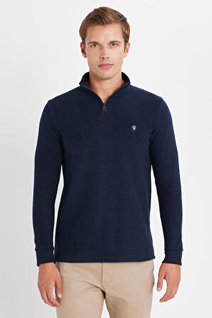 Erkek Slim Fit Dar Kesim Pamuklu Selanik Kumaş Yarım Fermuarlı Lacivert Dik Yaka Sweatshirt