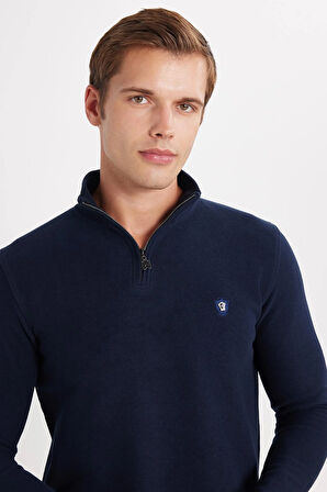 Erkek Slim Fit Dar Kesim Pamuklu Selanik Kumaş Yarım Fermuarlı Lacivert Dik Yaka Sweatshirt