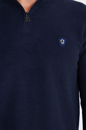 Erkek Slim Fit Dar Kesim Pamuklu Selanik Kumaş Yarım Fermuarlı Lacivert Dik Yaka Sweatshirt