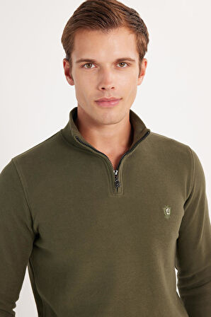 Erkek Slim Fit Dar Kesim Pamuklu Selanik Kumaş Yarım Fermuarlı Haki Dik Yaka Sweatshirt