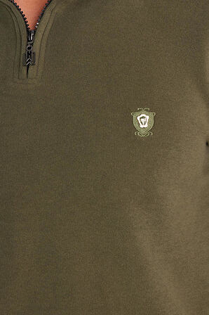 Erkek Slim Fit Dar Kesim Pamuklu Selanik Kumaş Yarım Fermuarlı Haki Dik Yaka Sweatshirt