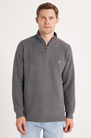 Erkek Slim Fit Dar Kesim Pamuklu Selanik Kumaş Yarım Fermuarlı Antrasit Dik Yaka Sweatshirt