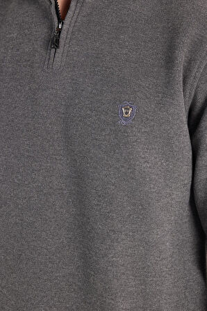 Erkek Slim Fit Dar Kesim Pamuklu Selanik Kumaş Yarım Fermuarlı Antrasit Dik Yaka Sweatshirt