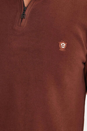 Erkek Slim Fit Dar Kesim Pamuklu Selanik Kumaş Yarım Fermuarlı Kahverengi Dik Yaka Sweatshirt