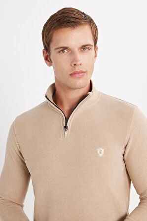 Erkek Slim Fit Dar Kesim Pamuklu Selanik Kumaş Yarım Fermuarlı Taş Dik Yaka Sweatshirt