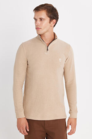 Erkek Slim Fit Dar Kesim Pamuklu Selanik Kumaş Yarım Fermuarlı Taş Dik Yaka Sweatshirt