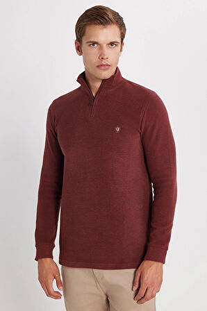 Erkek Slim Fit Dar Kesim Pamuklu Selanik Kumaş Yarım Fermuarlı Kiremit Dik Yaka Sweatshirt