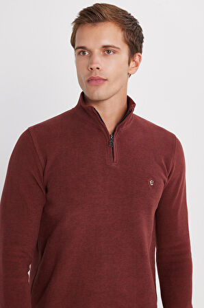 Erkek Slim Fit Dar Kesim Pamuklu Selanik Kumaş Yarım Fermuarlı Kiremit Dik Yaka Sweatshirt