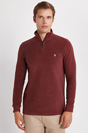 Erkek Slim Fit Dar Kesim Pamuklu Selanik Kumaş Yarım Fermuarlı Kiremit Dik Yaka Sweatshirt