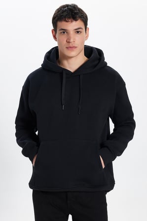 Unisex Oversize Geniş Kesim Pamuklu Yumuşak Dokulu İçi Polarlı Basic Siyah Kapüşonlu Sweatshirt