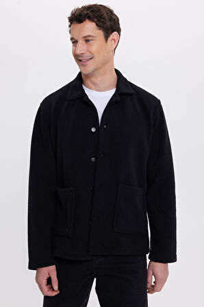 Erkek Regular Fit Rahat Kesim Peluş Çıtçıtlı Torbalı Çift Cepli Siyah Ceket Gömlek