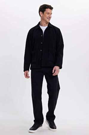 Erkek Regular Fit Rahat Kesim Peluş Çıtçıtlı Torbalı Çift Cepli Siyah Ceket Gömlek