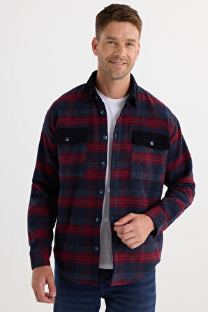 Erkek Relax Fit Rahat Kesim Spor Yaka Kareli Çift Cep Kapaklı Kışlık Gömlek