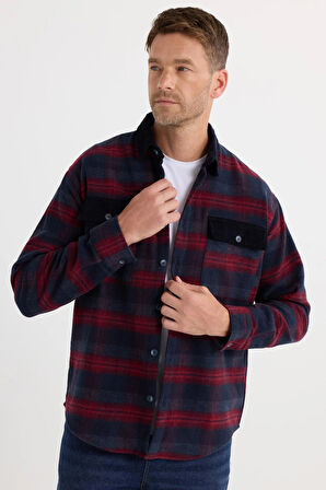 Erkek Relax Fit Rahat Kesim Spor Yaka Kareli Çift Cep Kapaklı Kışlık Gömlek