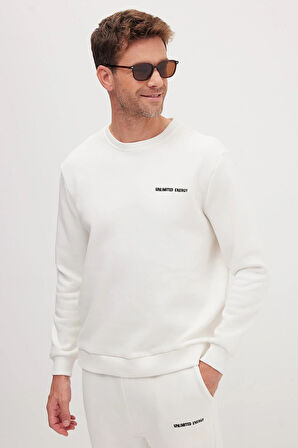 Erkek Relax Fit Pamuklu 3 İplik Yumuşak Dokulu İçi Polarlı Bisiklet Yaka Beyaz Eşofman Takımı