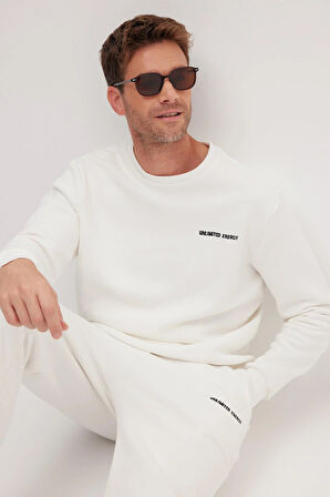 Erkek Relax Fit Pamuklu 3 İplik Yumuşak Dokulu İçi Polarlı Bisiklet Yaka Beyaz Eşofman Takımı