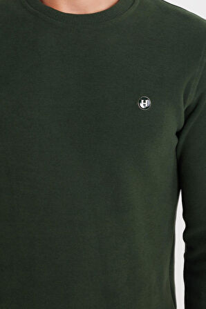 Erkek Slim Fit Dar Kesim Pamuklu Selanik Kumaş Bisiklet Yaka Yeşil Sweatshirt