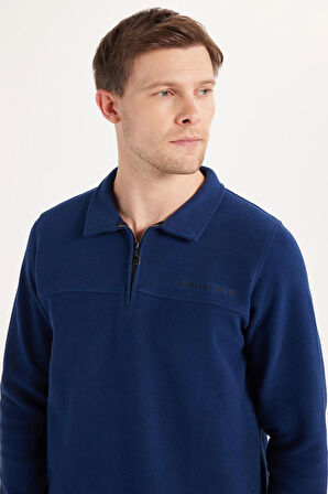 Erkek Standart Fit Pamuklu Selanik Kumaş Yarım Fermuarlı Polo Yaka Baskılı İndigo Sweatshirt