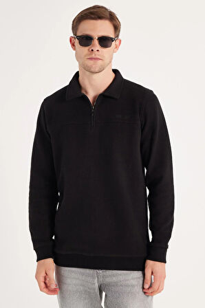 Erkek Standart Fit Pamuklu Selanik Kumaş Yarım Fermuarlı Polo Yaka Baskılı Siyah Sweatshirt