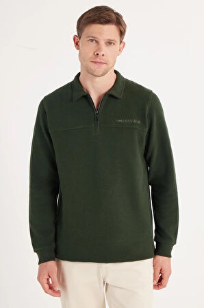 Erkek Standart Fit Pamuklu Selanik Kumaş Yarım Fermuarlı Polo Yaka Baskılı Yeşil Sweatshirt