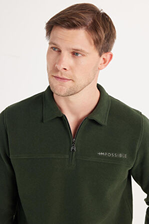 Erkek Standart Fit Pamuklu Selanik Kumaş Yarım Fermuarlı Polo Yaka Baskılı Yeşil Sweatshirt