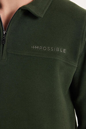 Erkek Standart Fit Pamuklu Selanik Kumaş Yarım Fermuarlı Polo Yaka Baskılı Yeşil Sweatshirt