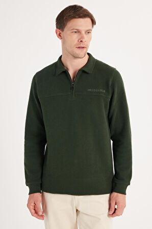 Erkek Standart Fit Pamuklu Selanik Kumaş Yarım Fermuarlı Polo Yaka Baskılı Yeşil Sweatshirt