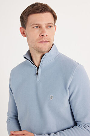 Erkek Slim Fit Dar Kesim Pamuklu Selanik Kumaş Yarım Fermuarlı Mavi Dik Yaka Sweatshirt