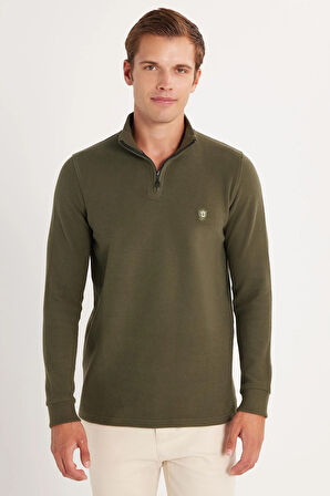 Erkek Slim Fit Dar Kesim Pamuklu Selanik Kumaş Yarım Fermuarlı Haki Dik Yaka Sweatshirt