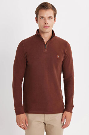 Erkek Slim Fit Dar Kesim Pamuklu Selanik Kumaş Yarım Fermuarlı Kahverengi Dik Yaka Sweatshirt