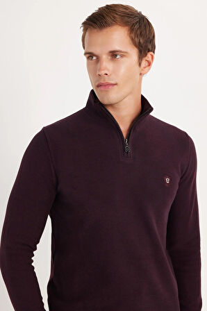 Erkek Slim Fit Dar Kesim Pamuklu Selanik Kumaş Yarım Fermuarlı Siyah Dik Yaka Sweatshirt