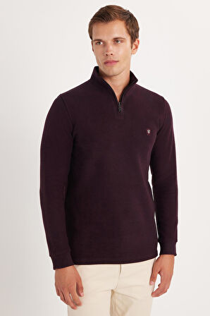 Erkek Slim Fit Dar Kesim Pamuklu Selanik Kumaş Yarım Fermuarlı Siyah Dik Yaka Sweatshirt