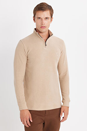 Erkek Slim Fit Dar Kesim Pamuklu Selanik Kumaş Yarım Fermuarlı Taş Dik Yaka Sweatshirt