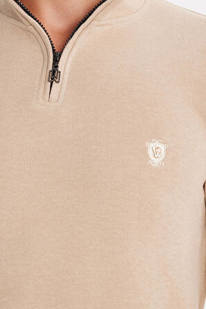 Erkek Slim Fit Dar Kesim Pamuklu Selanik Kumaş Yarım Fermuarlı Taş Dik Yaka Sweatshirt