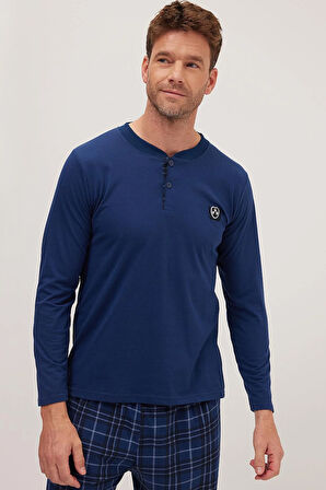 Erkek Regular Fit Pamuklu Düğmeli Yaka Beli Lastikli Desenli İndigo Pijama Takımı