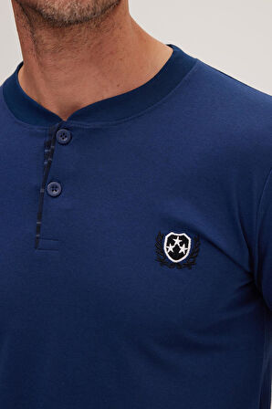 Erkek Regular Fit Pamuklu Düğmeli Yaka Beli Lastikli Desenli İndigo Pijama Takımı