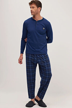 Erkek Regular Fit Pamuklu Düğmeli Yaka Beli Lastikli Desenli İndigo Pijama Takımı