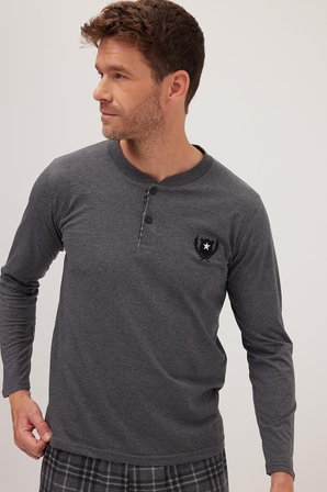 Erkek Regular Fit Pamuklu Düğmeli Yaka Beli Lastikli Desenli Gri Pijama Takımı