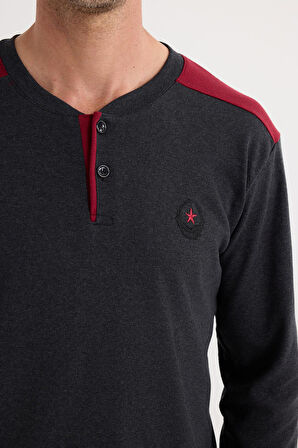 Erkek Regular Fit Pamuklu Düğmeli Yaka Beli Lastikli Desenli Gri Pijama Takımı